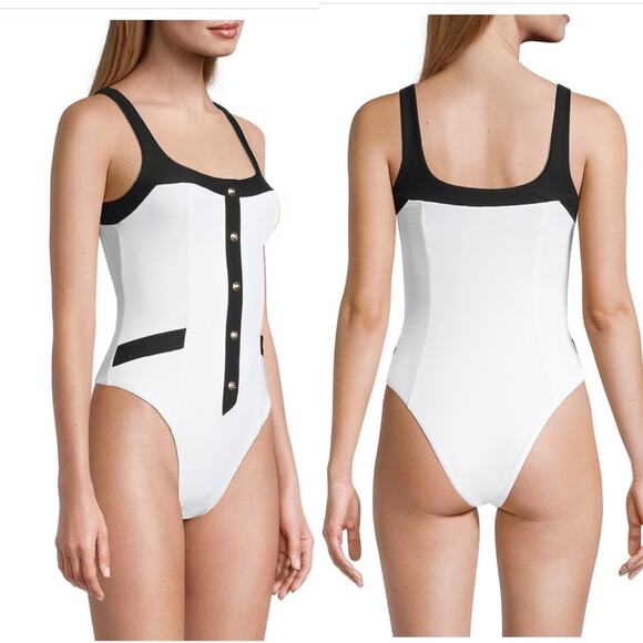 BALMAIN Signature Button Contrast One Piece Swimsuit - Picture 3 of 10